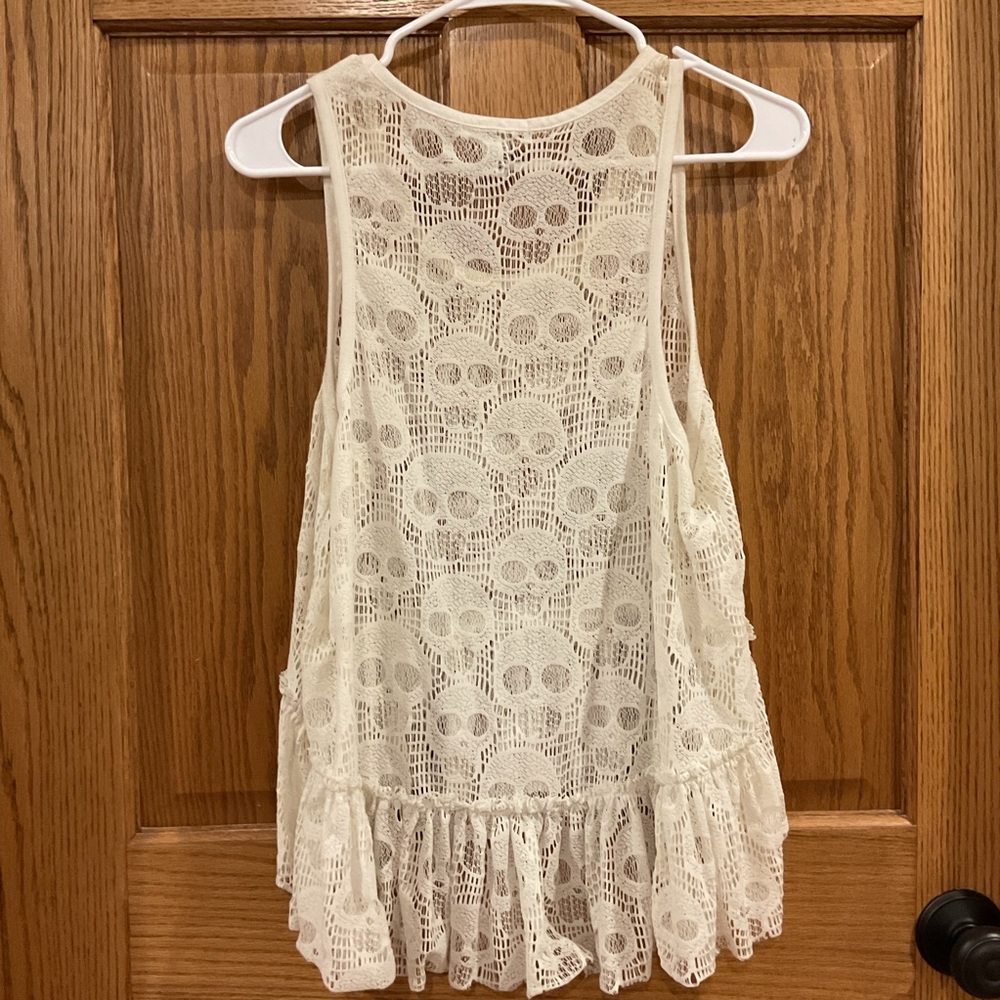 Love by Design L Skull Lace Peplum Tank Top Ivory Large - Picture 4 of 5